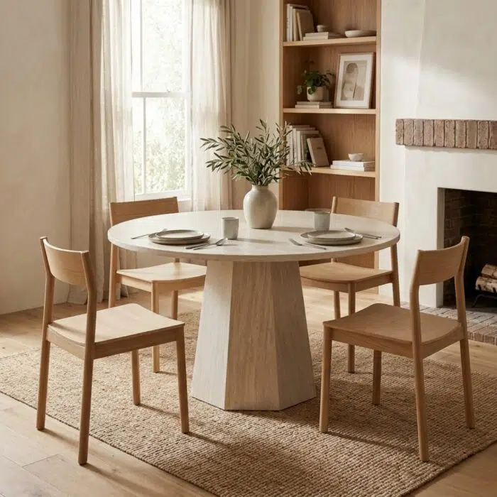 Cedar Round 130cm Dining Table with travertine-look finish