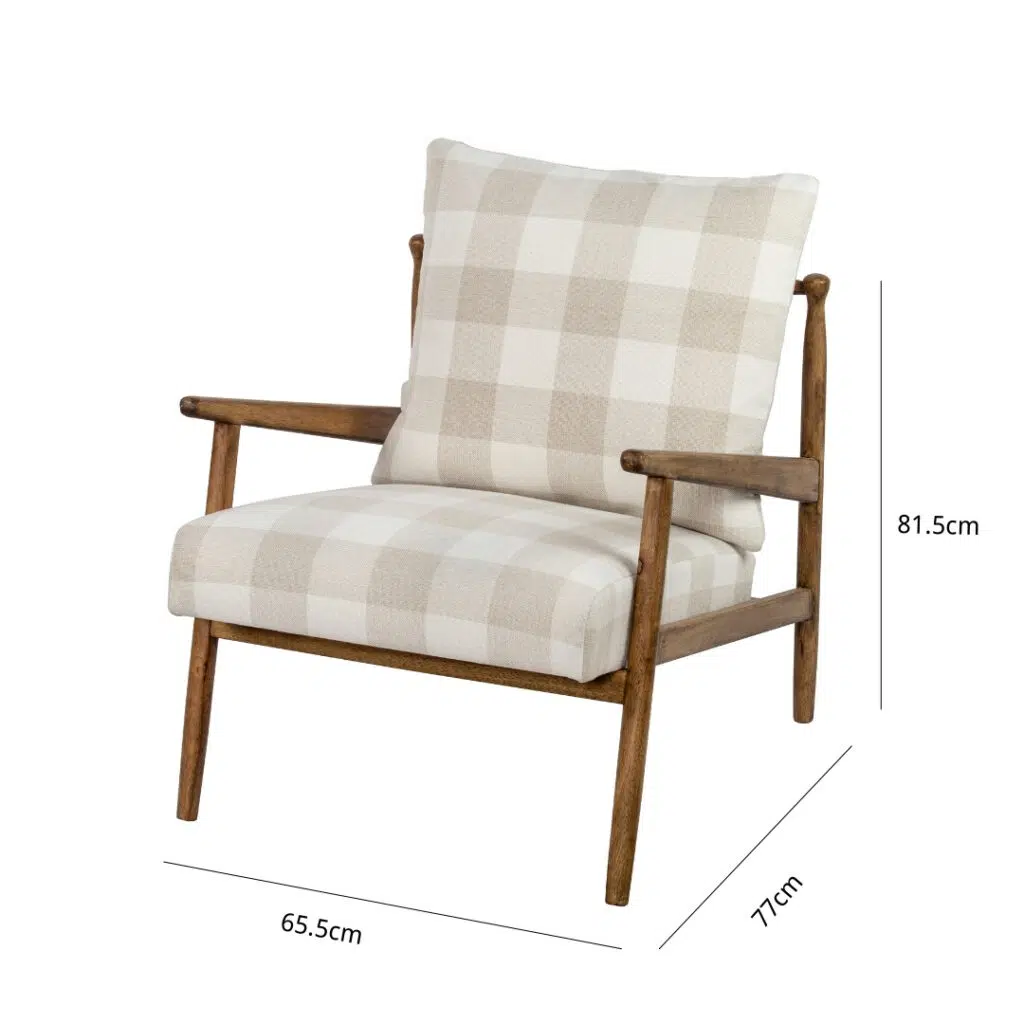 Caleb Chair, white & beige, farmhouse style, checked fabric, wooden frame, versatile decor, Grange Chair series