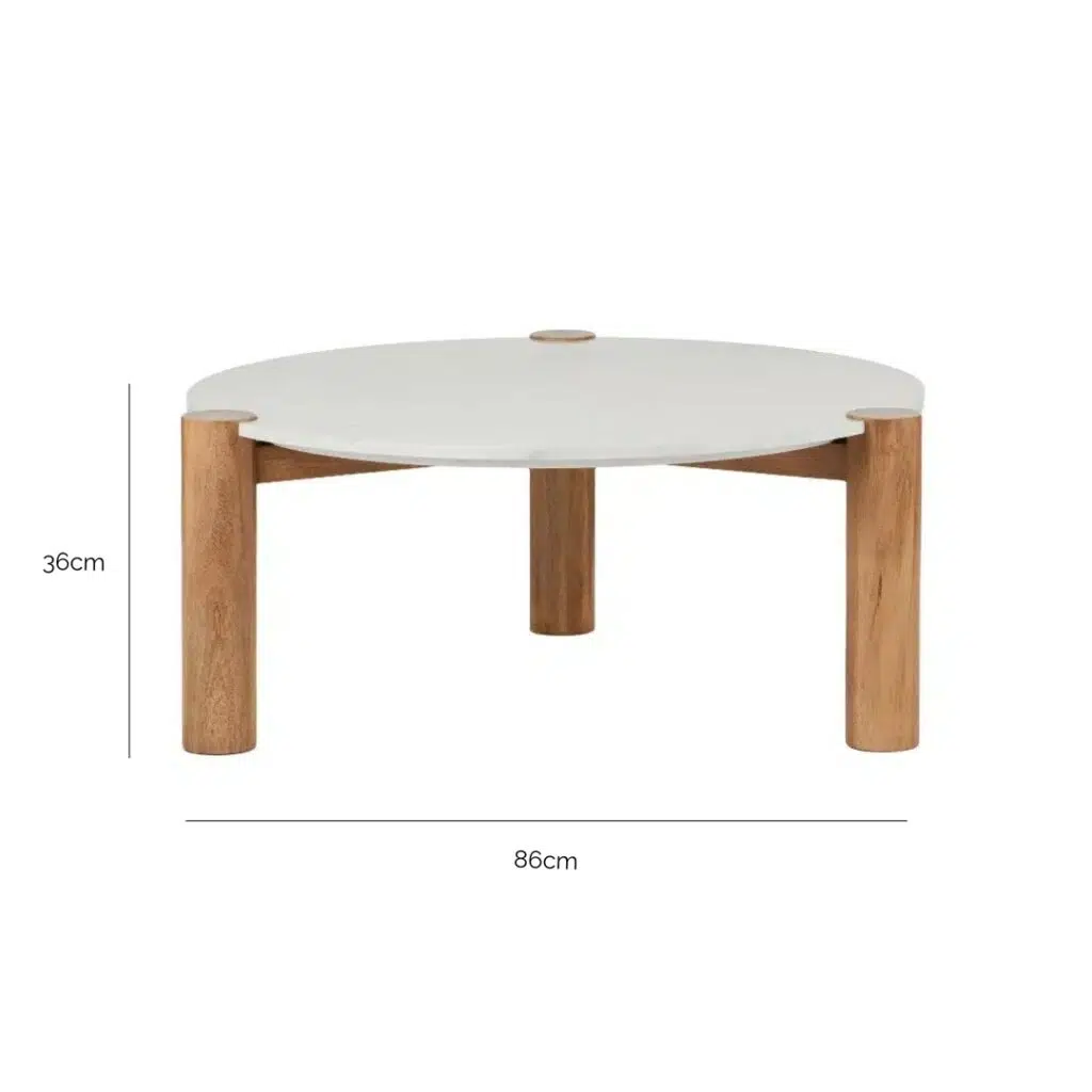 Ulan Coffee Table – White & Oak with dimensions 86cm wide, 86cm deep, and 36cm high