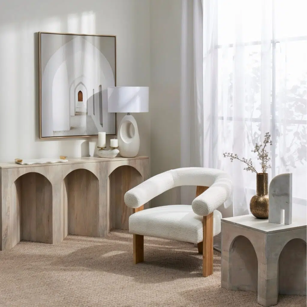 Boucle and Wood Curved Armchair