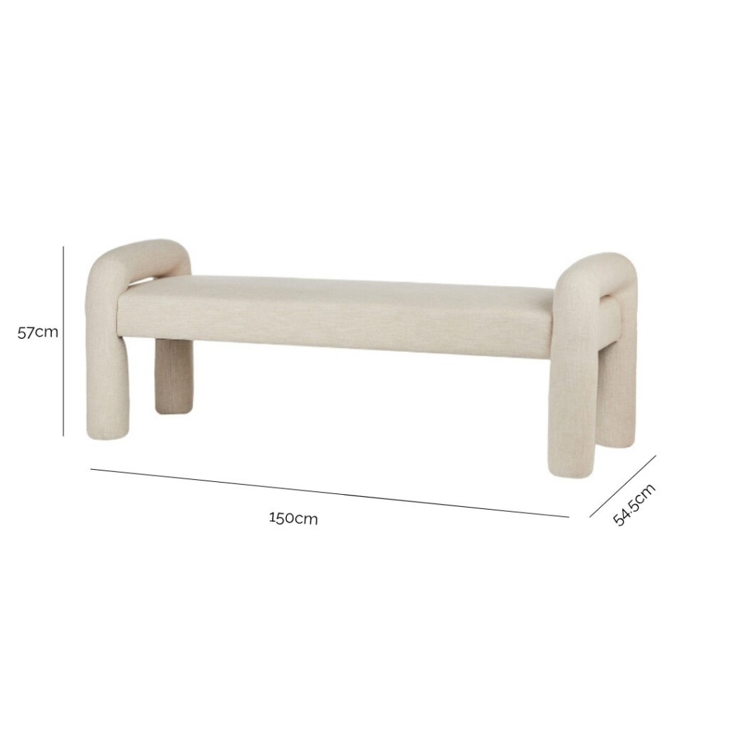 Mia Bench Seat Beige with dimensions 150cm wide, 54.5cm deep, and 57cm high