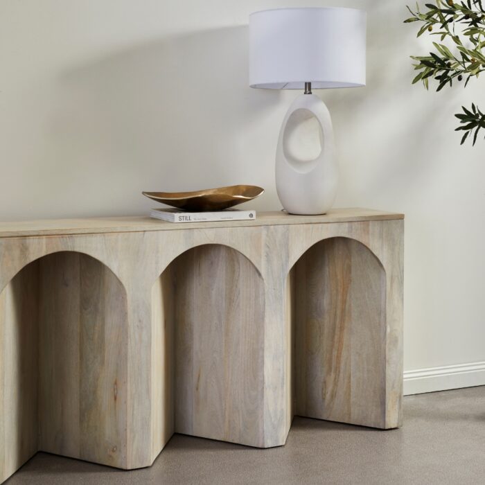 Arch Wood Console Table in white wash for hallway or living room