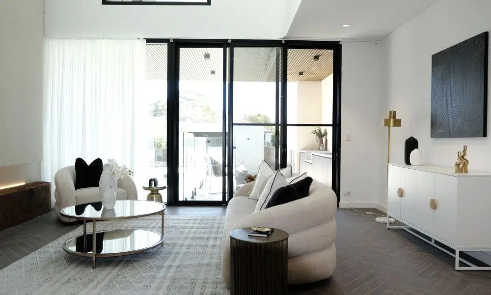 Buffet cabinet used for storage and decor in open living-dining area