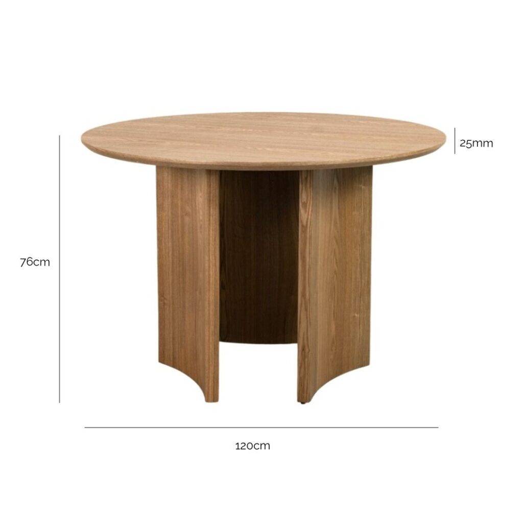 Pillar 120cm Round Dining Table with dimensions 120cm wide, 120cm deep, and 76cm high