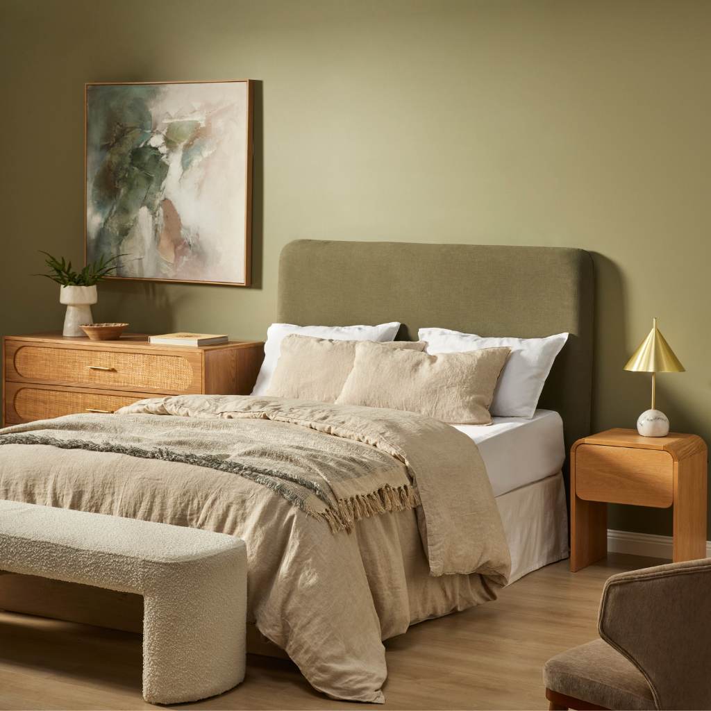 Green Easy Wash Queen Bedhead, Coastal Style, Linen-Look, Removable Cover