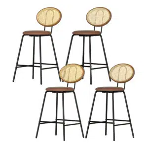 Tate Bar Stool Set of 4 PU Leather Brown with Rattan Backrest
