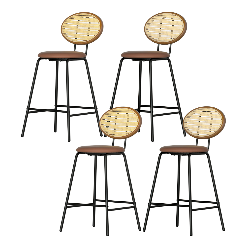 Tate Bar Stool Set of 4 PU Leather Brown with Rattan Backrest