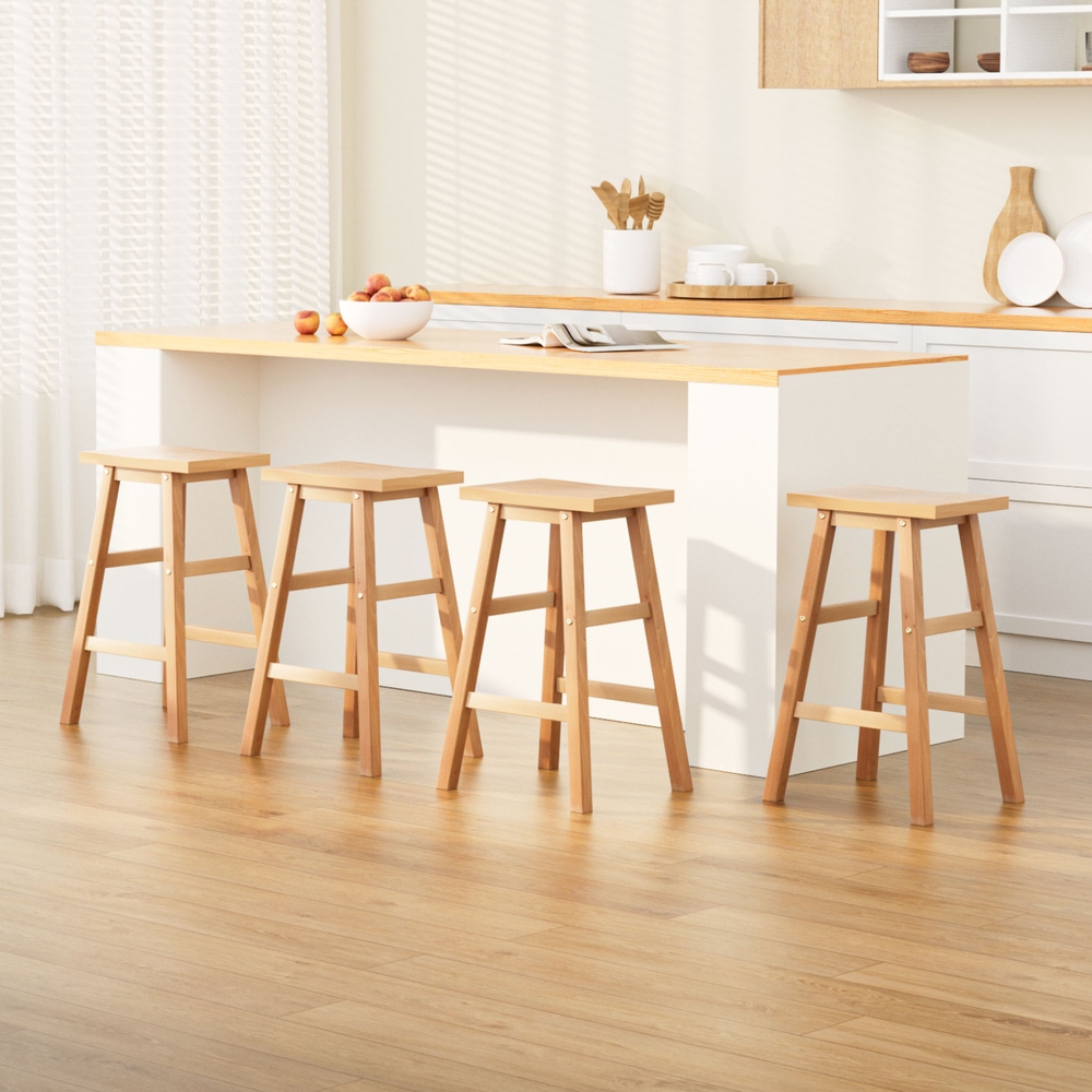 Cleo Bar Stool Set Natural Wood 4pcs Kitchen Seating