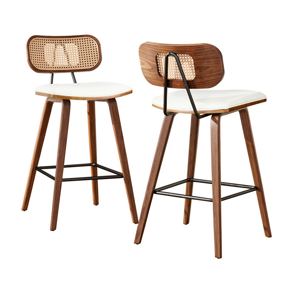 Tate Bar Stool Set: PU Leather, Rattan, Walnut Frame