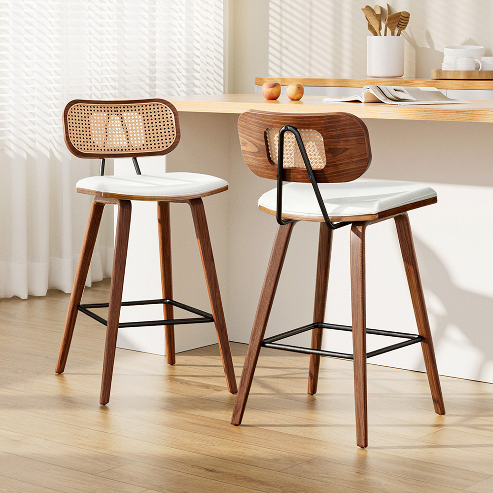 Tate Bar Stool Set: PU Leather, Rattan, Walnut Frame