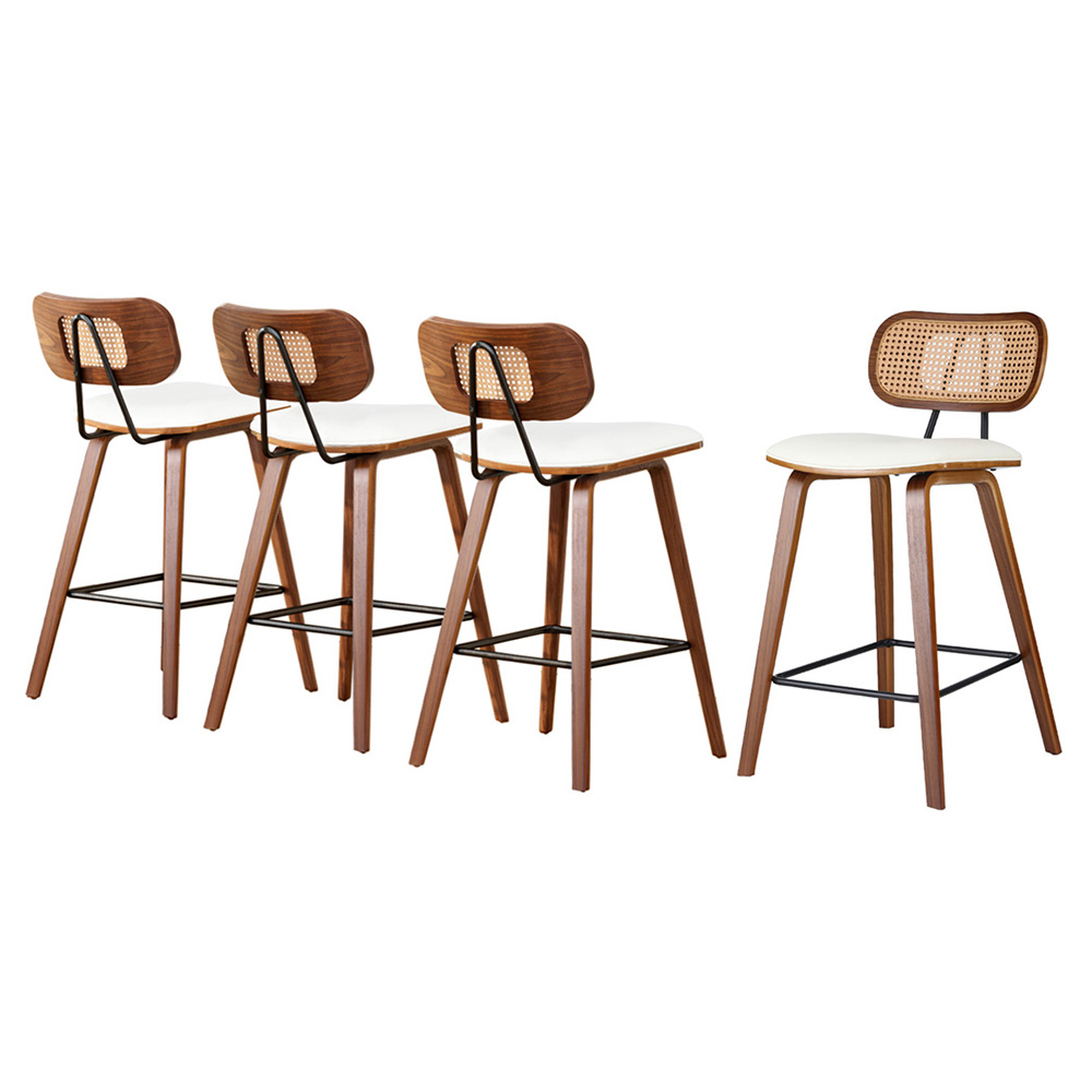 Drew Bar Stools Set of 4 Rattan PU Leather Contemporary Design
