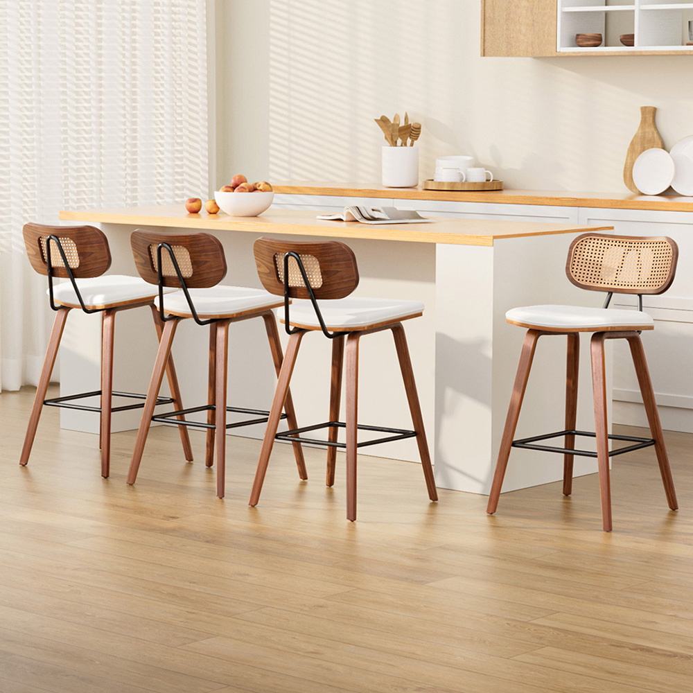 Stylish Rattan Bar Stools with PU Leather Set of 4 Modern Kitchen Seating