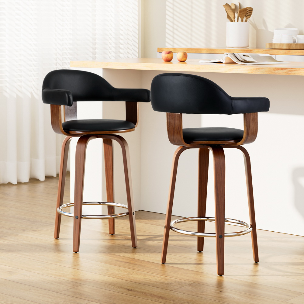 Arden Bar Stool Set: Leather Seat, Wood Legs, 360° Rotate
