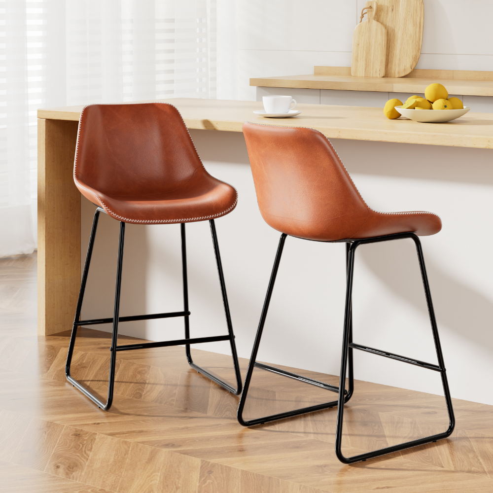 Fenella Bar Stool Set Brown Leather Metal Frame