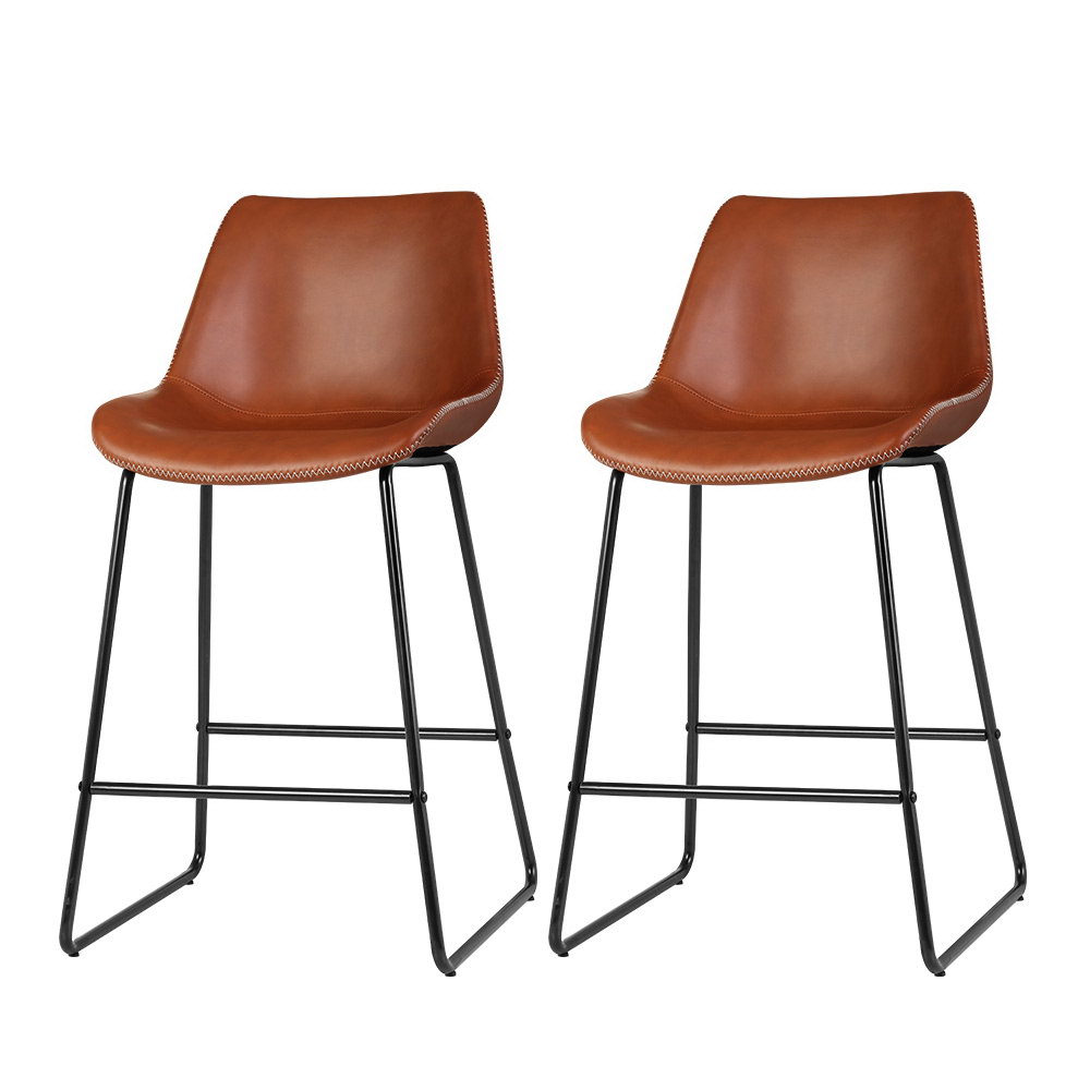Elegant brown PU leather bar stool with metal frame, set of 2, Fenella model