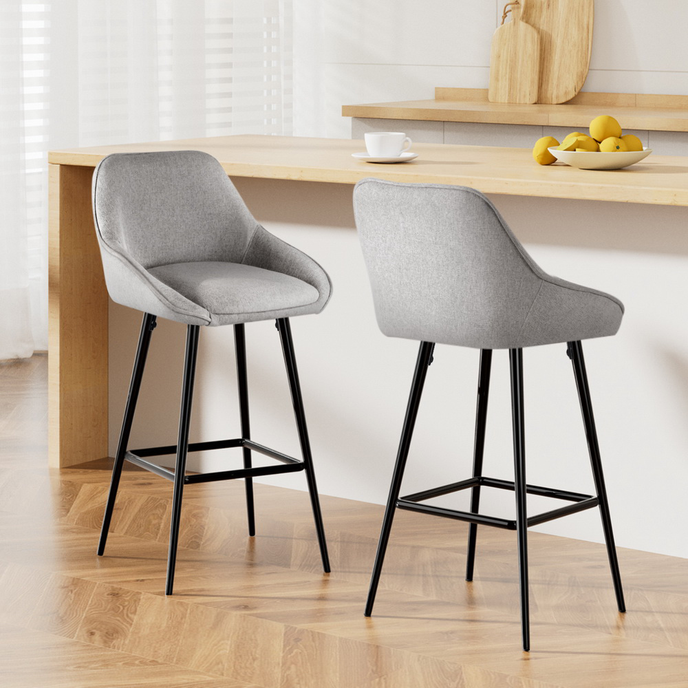 Upholstered Linen Bar Stools with Winged Backrest and Metal Frame