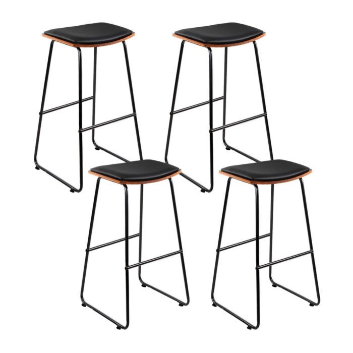 Lennox Leather Bar Stools Set of 4, Black Seat Natural Wood Finish, Modern Comfort Design