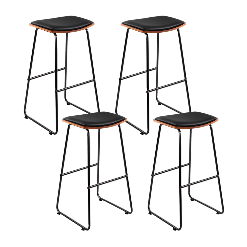 Lennox Leather Bar Stools Set of 4, Black Seat Natural Wood Finish, Modern Comfort Design