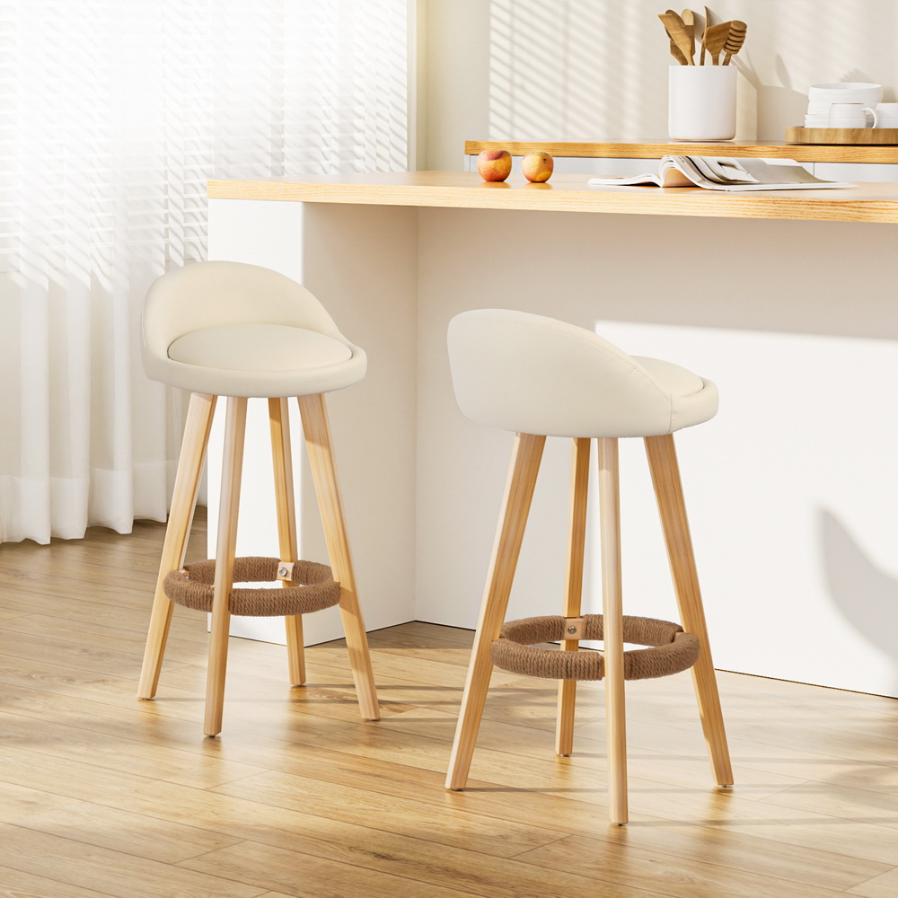 Beige Leather Wood Bar Stools, Stylish, Comfortable, 360 Swivel, Compact Size, Eco-Friendly