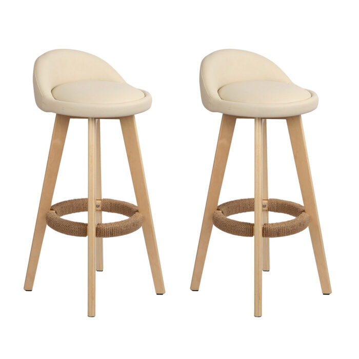 Beige leather wood bar stools, stylish, sturdy, swivel, comfortable seating, eco-friendly, compact