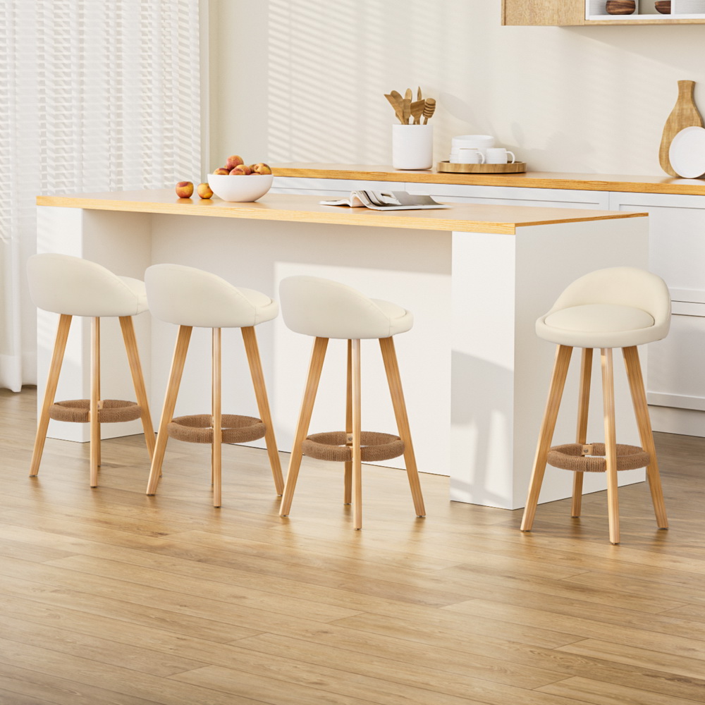 Beige Dalvey Bar Stool Set Modern Style Comfortable PU Leather Seat Sturdy Wood Base