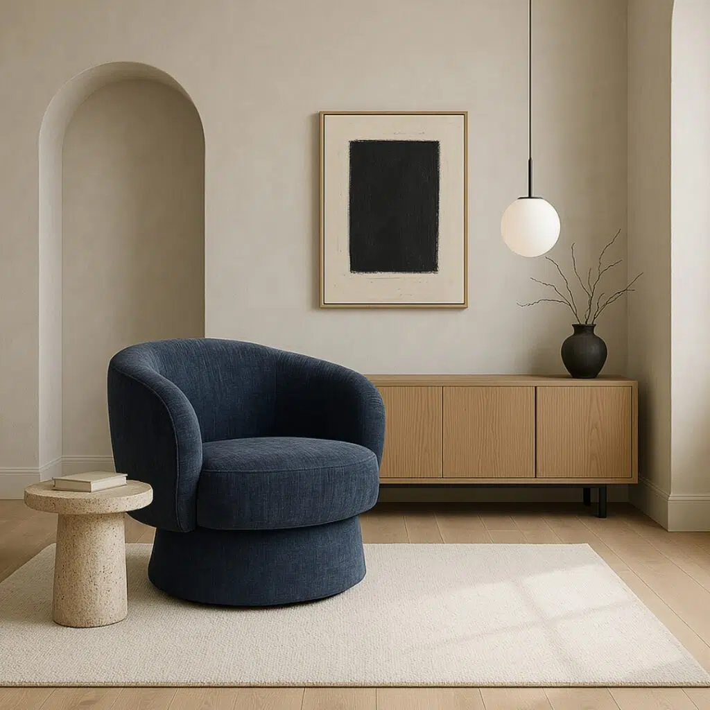 Celine Swivel Armchair, Denim Blue Chenille, Bold Curves, Luxurious Swivel Base