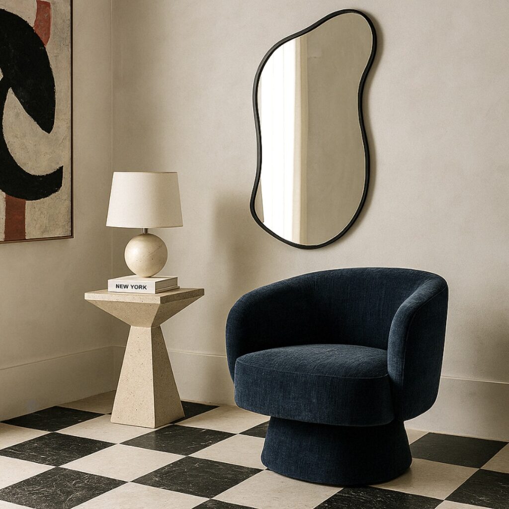 Celine Swivel Armchair, Denim Blue Chenille, Bold Curves, Luxurious Chenille, 360 Swivel Base, Compact Modern Design