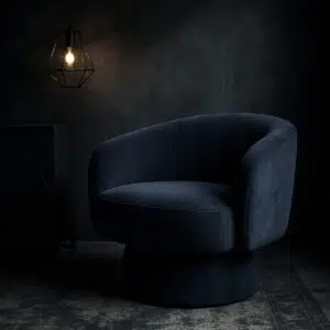 Celine Swivel Armchair, Denim Blue Chenille, Bold Curves, Luxurious Swivel Chair
