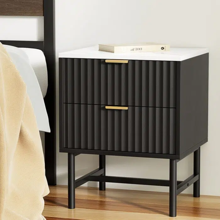 Lark Black Bedside Table with 2 Drawers, Stylish and Durable Nightstand
