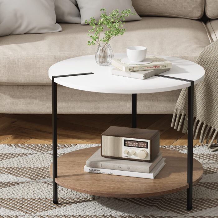 Stylish White Round Coffee Table with Wood Shelf