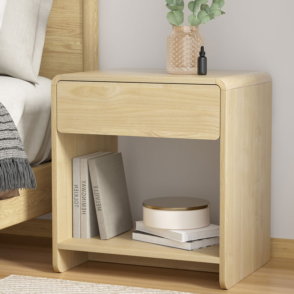 Lark bedside table pine open shelf stylish bedroom nightstand with drawer and storage