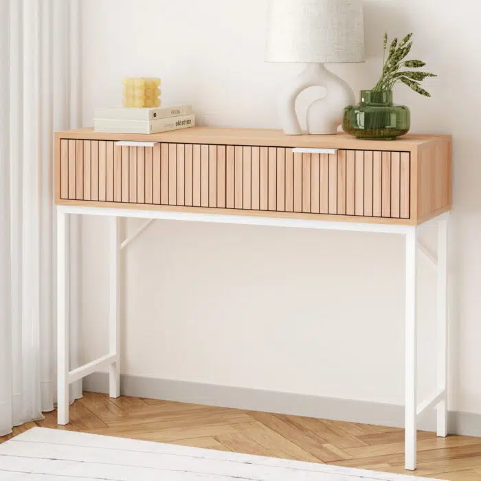 Elegant Fluted Console Table, 2 Drawers, 92cm, Durable MDF, Sleek Finish