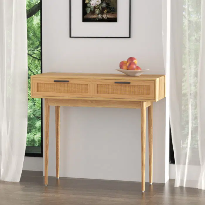 Elegant Trove Console Table with Rattan Drawers