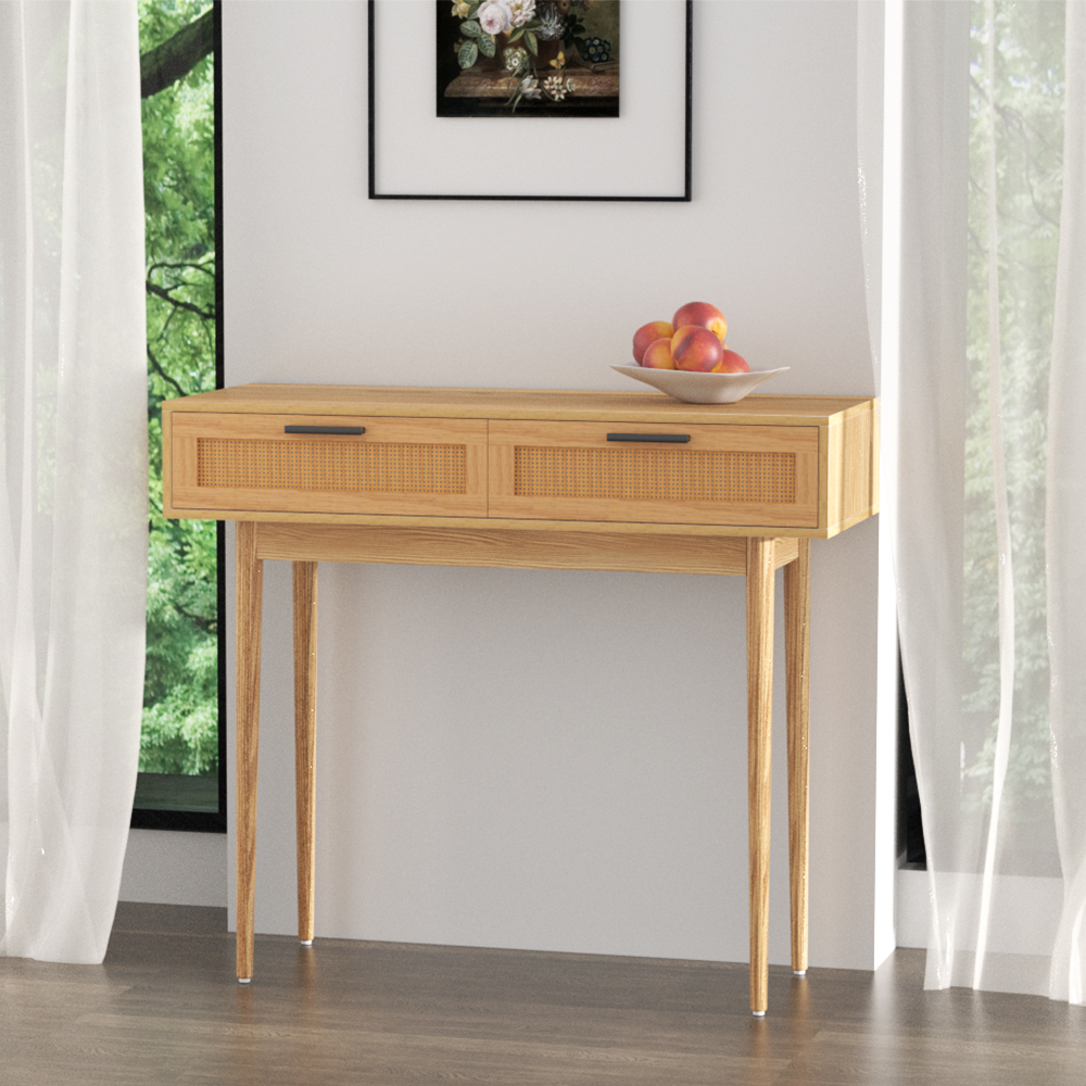 Elegant Trove Console Table with Rattan Drawers
