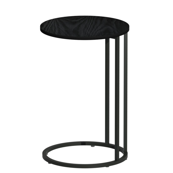 Modern black round side table, sturdy frame, space-saving, versatile use in living spaces.