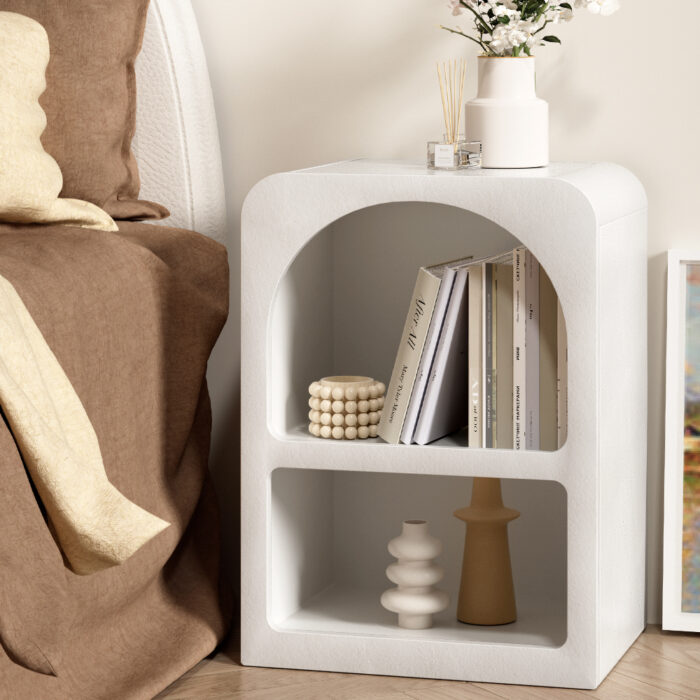 Aria White Arched Bedside Table with Storage Shelves