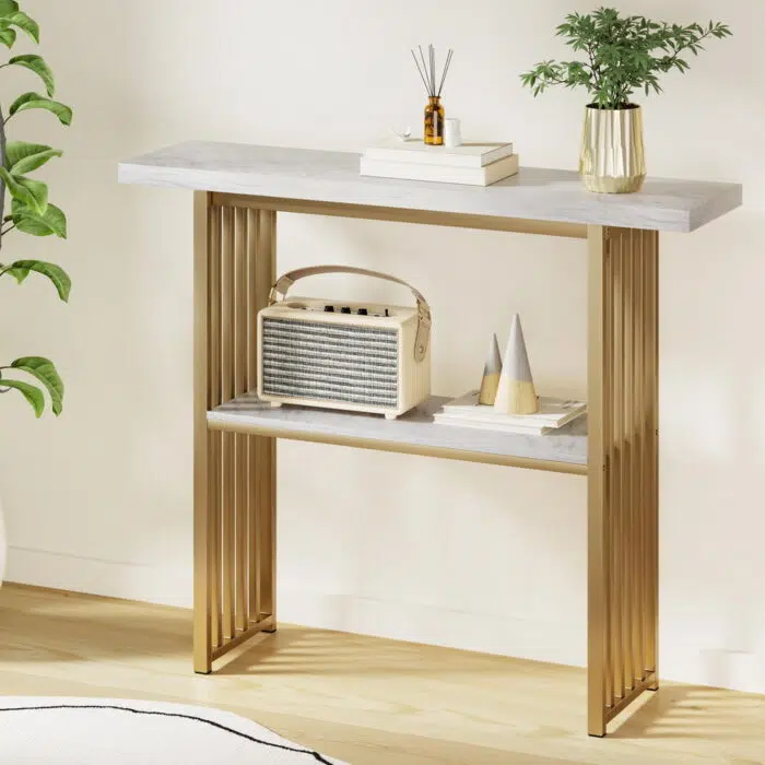 Aster Console Table White Gold Marble Look Stylish Stable Storage