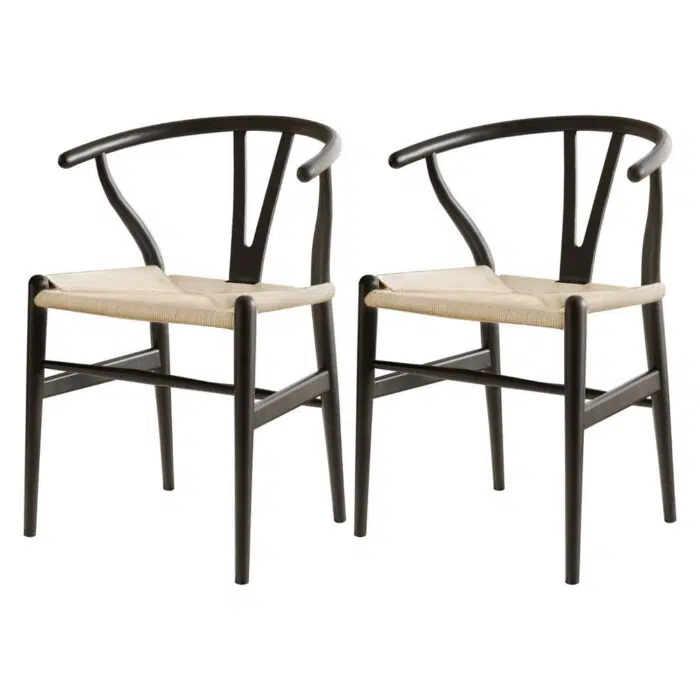 Wishbone Dining Chairs – Black Wood & Rattan (Set of 2)