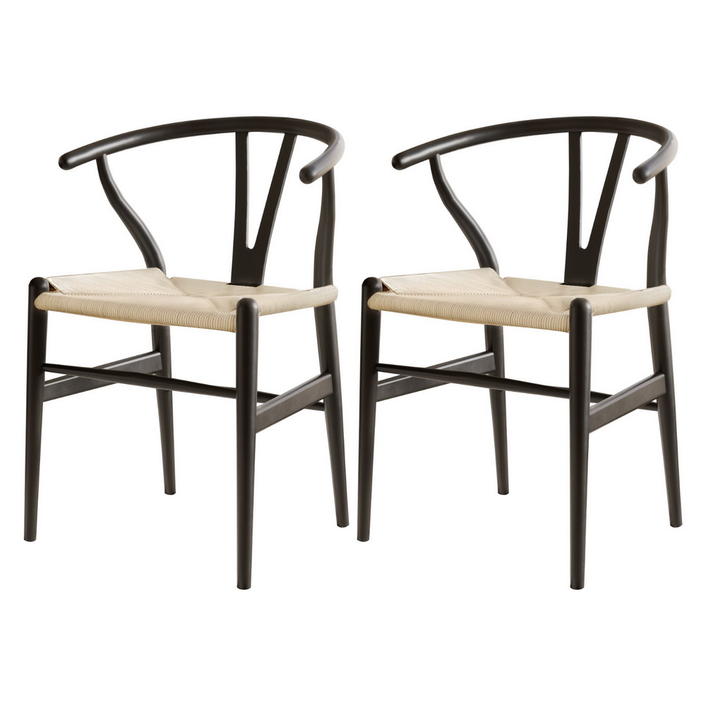 Wishbone dining chair set, black rubberwood, kraft seat, ergonomic