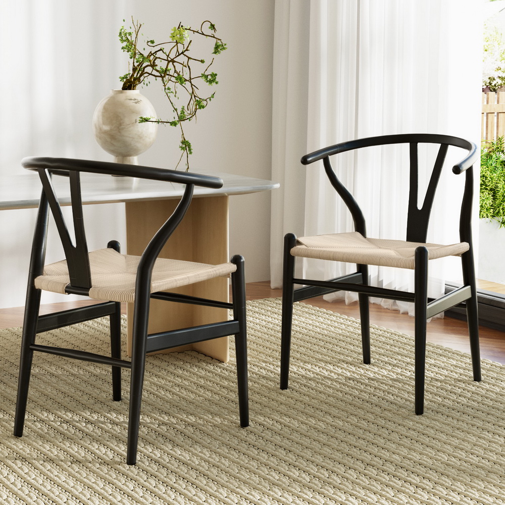 Wishbone dining chair, black wood and rattan, modern design, comfortable seat, ergonomic backrest, durable construction.