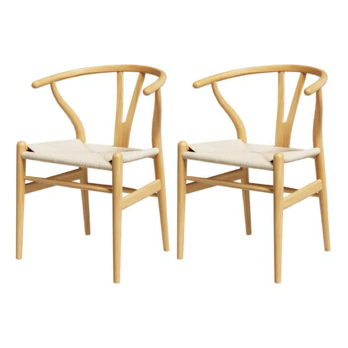 Wishbone Dining Chairs – Natural Wood & Rattan (Set of 2)
