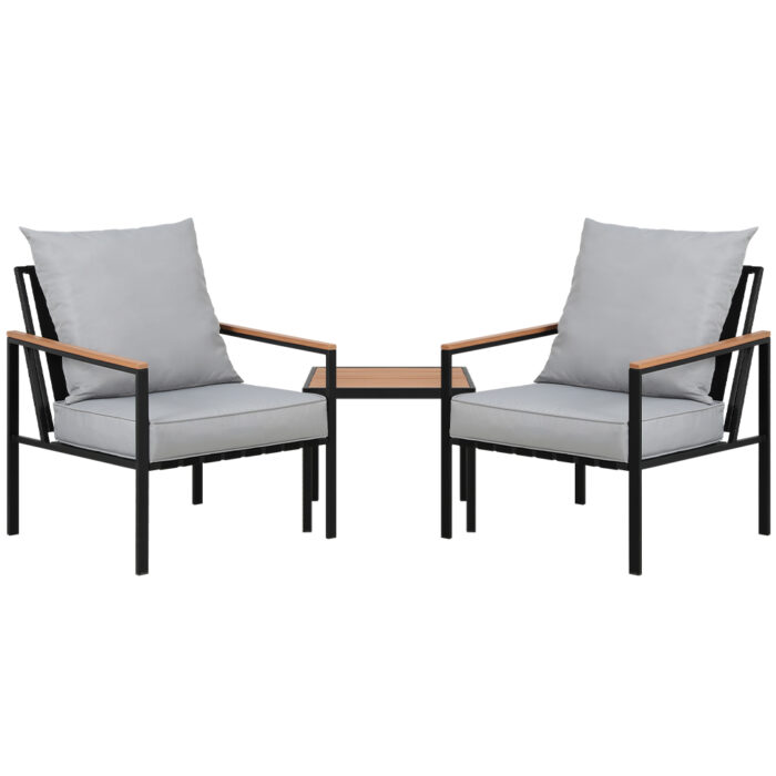 Sorrento 3PC Bistro Set, black grey, outdoor lounge chairs, coffee table, cushions