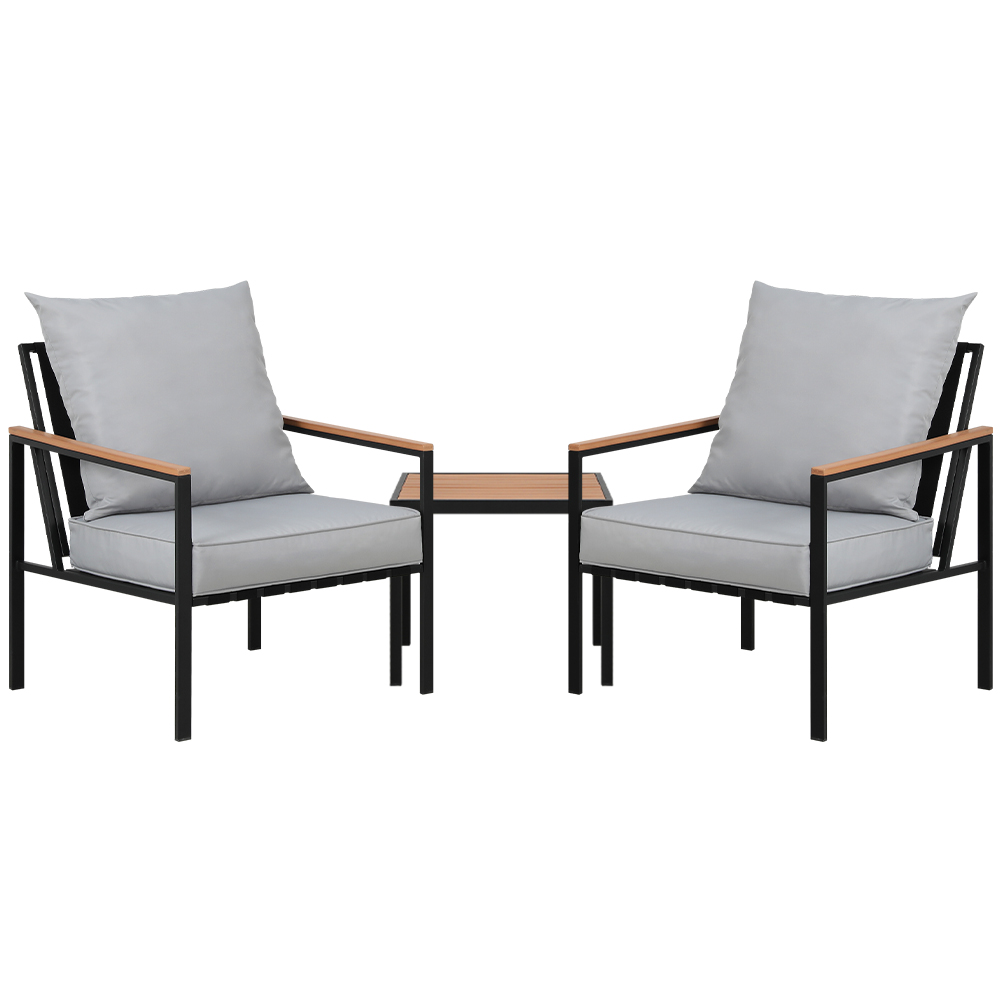 Sorrento 3PC Bistro Set, black grey, outdoor lounge chairs, coffee table, cushions