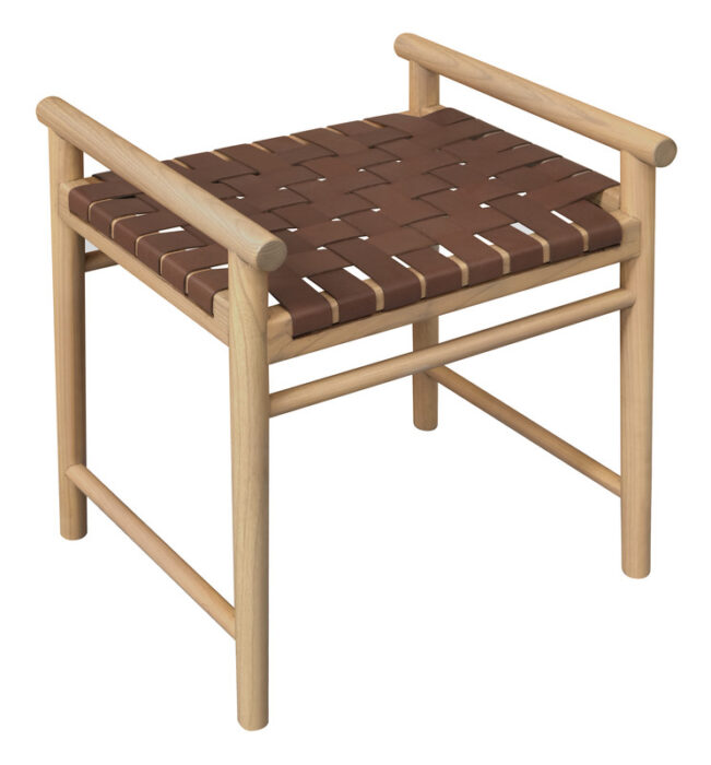 Elliot Bench Seat, Genuine Leather, Natural, Sturdy Oak, Handwoven, Compact, Refined Elegance