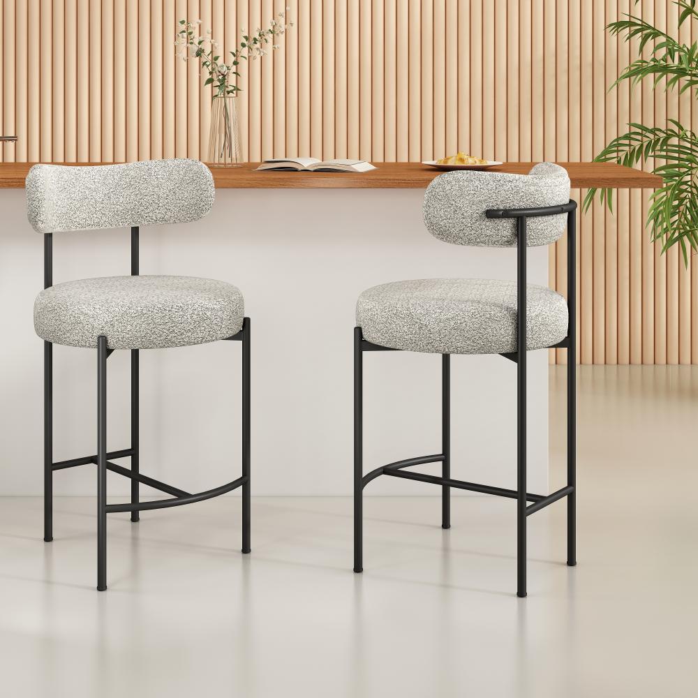 Elsa Boucle Bar Stools, Mid-Century Design, Metal Quartz Legs, Set of 2