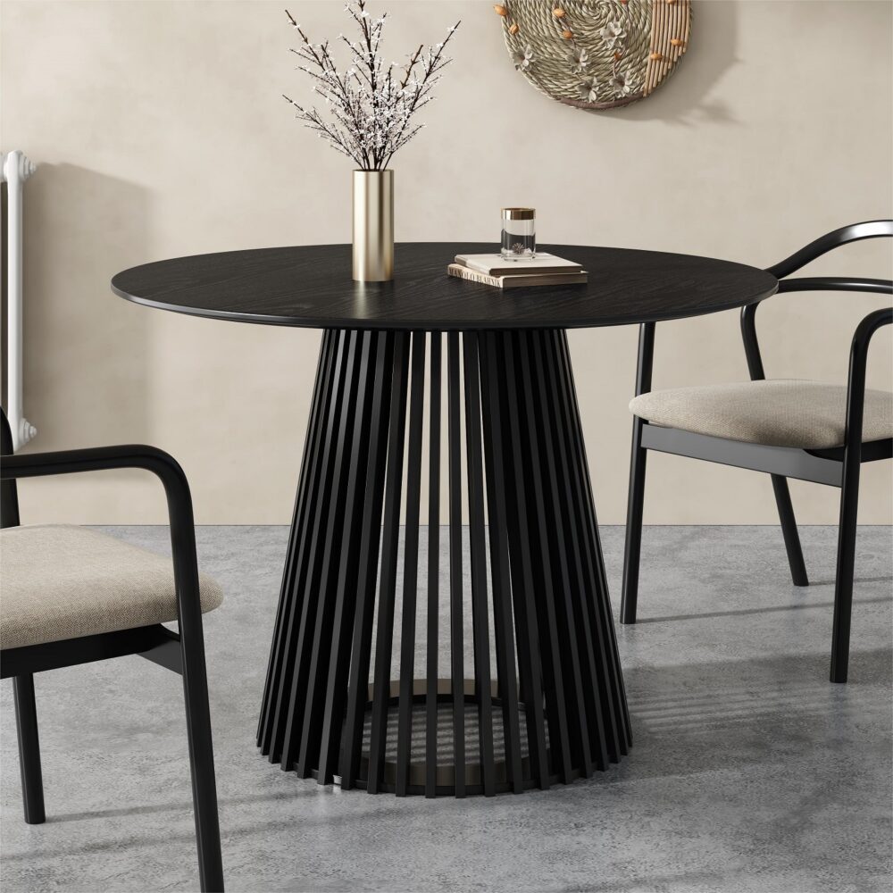 Palmer Dining Table, Sleek Silhouette, Black, Modern Conical Base, 110cm Diameter, Japandi Style