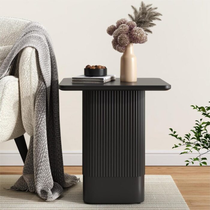 Matte black side table, minimalist design, sturdy MDF top, textured base, space-saving, elegant