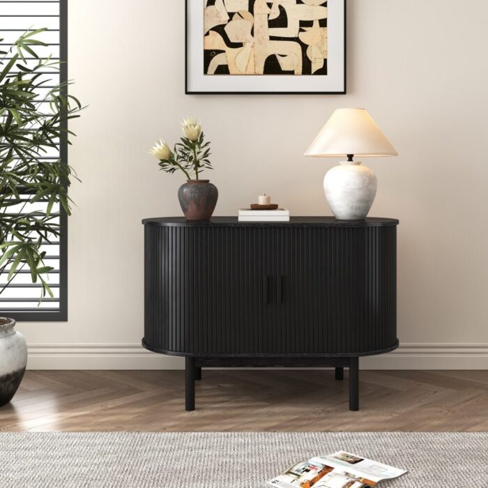 Oslo Sideboard Cabinet, mid-century black, sleek design, vertical ribbed doors, natural wood grain, versatile storage