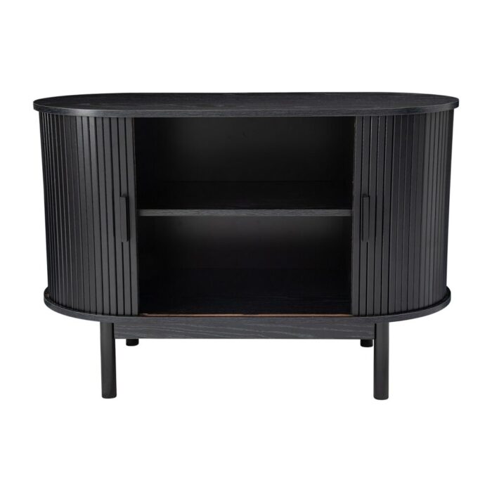 Oslo Sideboard Cabinet, mid-century black, sleek storage with natural wood grain and vertical ribbed doors.