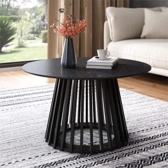 Sculpted Coffee Table, Slatted Pine Wood Base, Matte Black, Natural Wood Top